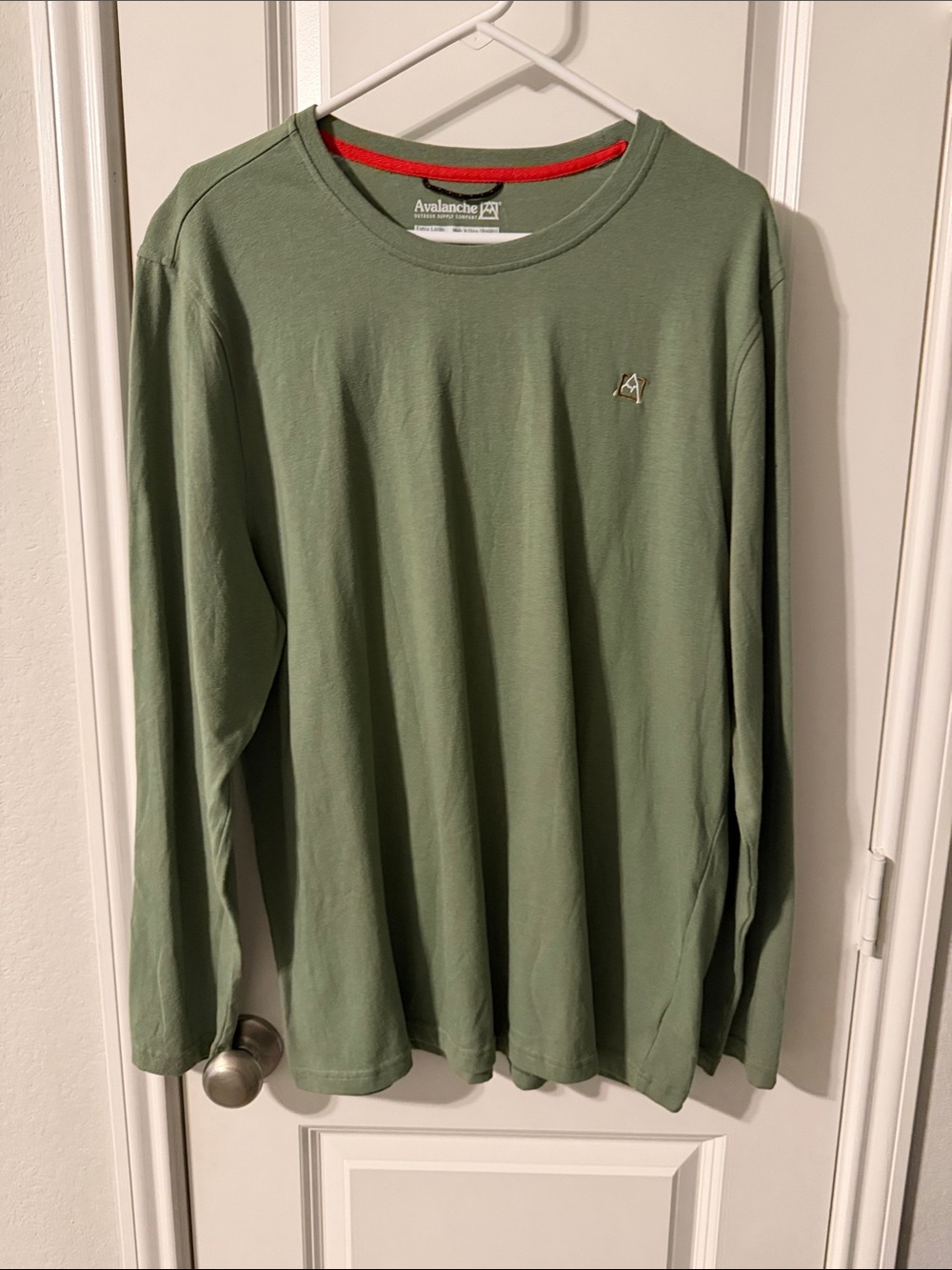 Avalanche Men's Long Sleeve Crew in Sage Green with Red Neck Trim